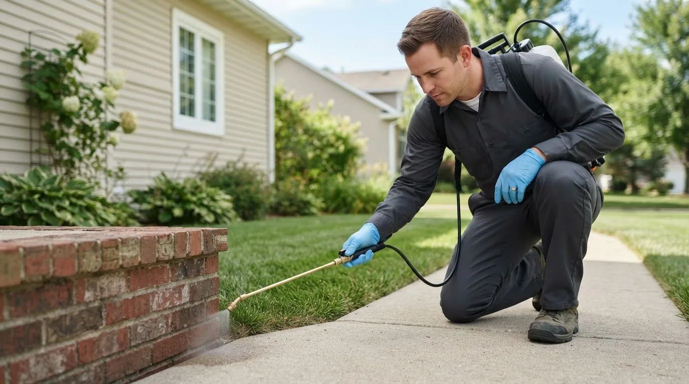Pest control technician treating a home near Alma, NE