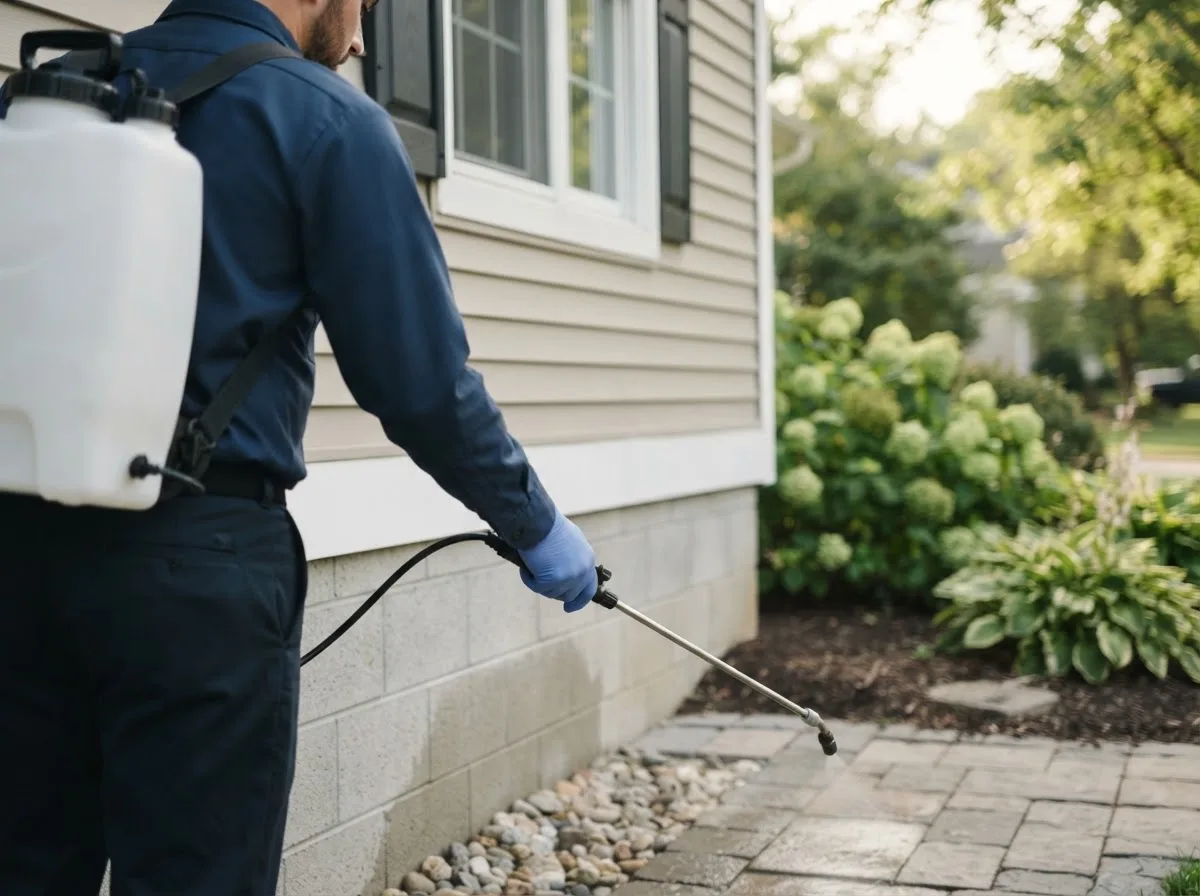 Pest control technician inspecting a home in Alma, NE